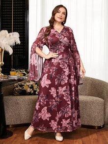 Reflora Plus Size Elegant Floral Print Faux Pearl Decor V-Neck Dress Fall - Multicolor - View 7