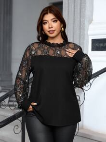Reflora Plus Size Women's Mesh Patchwork Contrast Color Lace Long Sleeve Blouse, Halloween Costume Fall - Black - View 4