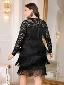Reflora Autumn/Winter Mesh Patchwork Multi-Layer Tassel Flowy Plus Size Dress Fall - Black - View 3