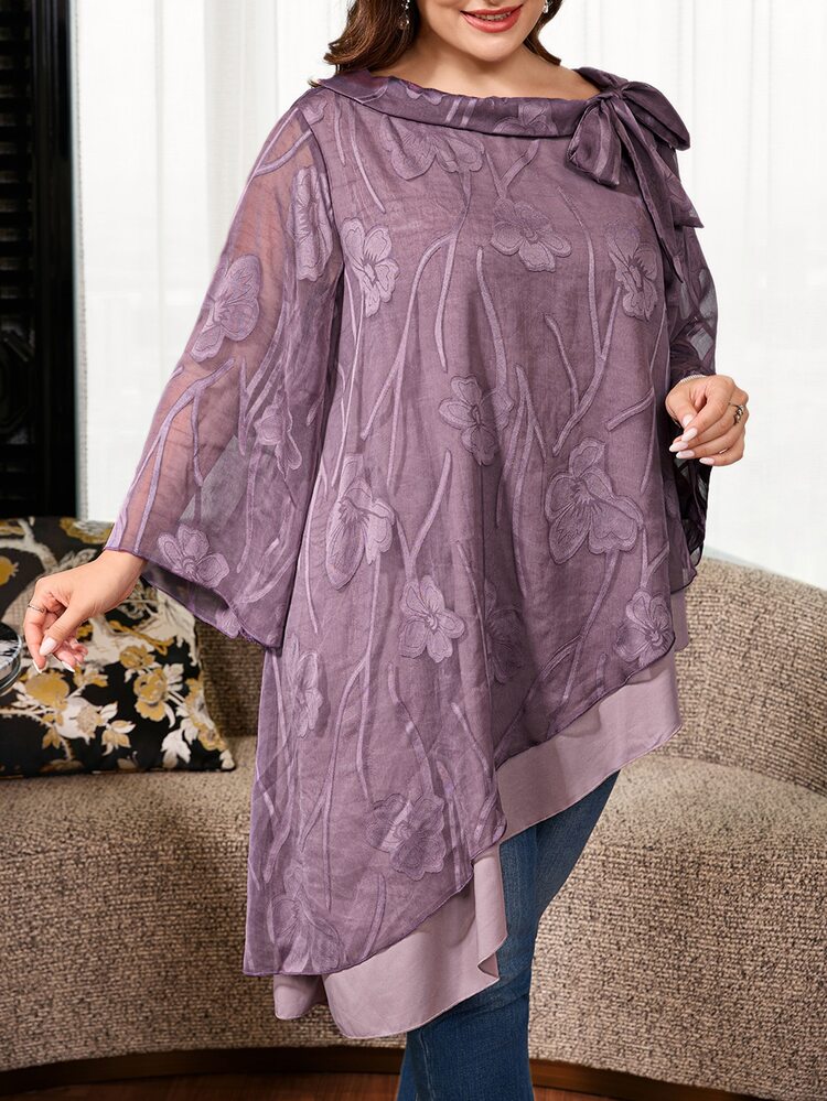 Reflora Plus Size Elegant Traditional Normal Floral Contrast Patchwork Asymmetric Hem Shirt Autumn Teachers' Day Formal Party Wedding Dark Purple - Dusty Purple - View 4