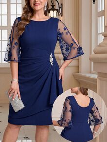 Reflora Elegant Plus Size Floral Embroidered Mesh Patchwork Rhinestone Decorated Dress Fall - Blue - View 4