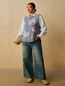 Travachic 大尺碼女款圓領 3D 花卉圖案休閒日常針織背心 冬季 - 灰色 - 查看 3