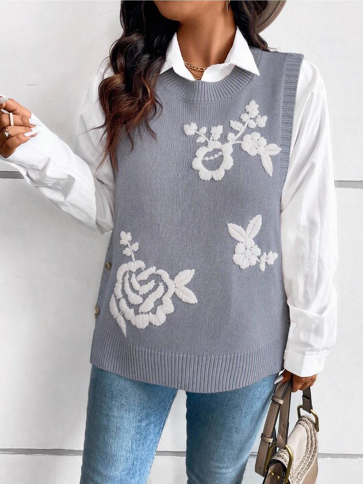 Travachic Plus Size Women's Round Neck 3D Floral Pattern Casual Daily Knit Vest Winter - Grey - View 1