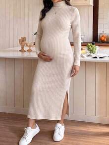 SHEIN Maternity Casual Maternity Elegant Vacation Long Sleeve Side Slit Dress Minimalist Daily Wear Autumn Photoshoot - Khaki - View 2