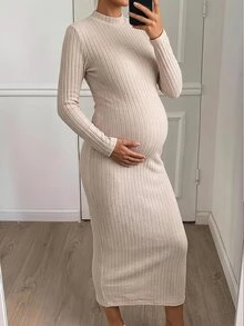 SHEIN Maternity Casual Maternity Elegant Vacation Long Sleeve Side Slit Dress Minimalist Daily Wear Autumn Photoshoot - Khaki - View 3