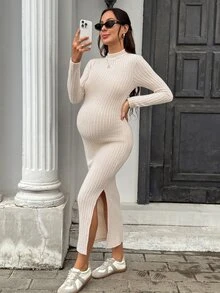 SHEIN Maternity Casual Maternity Elegant Vacation Long Sleeve Side Slit Dress Minimalist Daily Wear Autumn Photoshoot - Khaki - View 7