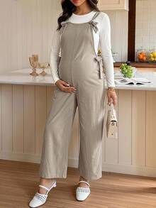 SHEIN Maternity Solid Color Side Knot Casual Maternity Normal Overall Jumpsuit Autumn Dates Loungewear Work - Blue - View 3
