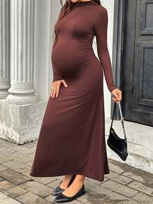 SHEIN Maternity Spring/Autumn Casual Elegant Daily Commute Photoshoot Minimalist Solid Color Long Sleeve Fitted Dress Fall Brown - Coffee - View 5