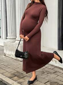 SHEIN Maternity Spring/Autumn Casual Elegant Daily Commute Photoshoot Minimalist Solid Color Long Sleeve Fitted Dress Fall Brown - Coffee - View 8