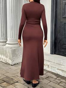 SHEIN Maternity Spring/Autumn Casual Elegant Daily Commute Photoshoot Minimalist Solid Color Long Sleeve Fitted Dress Fall Brown - Coffee - View 3