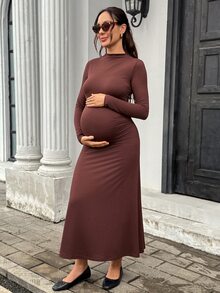 SHEIN Maternity Spring/Autumn Casual Elegant Daily Commute Photoshoot Minimalist Solid Color Long Sleeve Fitted Dress Fall Brown - Coffee - View 9