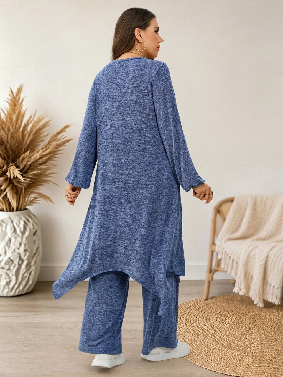 Plus Size Women Solid Color Long Sleeve Top Pants Casual Soft Form Modest 80s 90s 2 Pieces Set Vacation Formal Club Dusty Blue Autumn