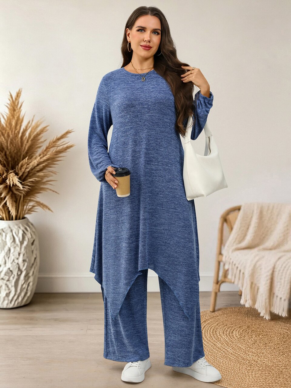 Plus Size Women Solid Color Long Sleeve Top Pants Casual Soft Form Modest 80s 90s 2 Pieces Set Vacation Formal Club Dusty Blue Autumn