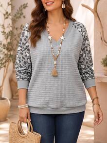 EMERY ROSE Plus Size Leopard Print Patchwork Raglan Sleeve Sweatshirt Fall - Grey - View 3