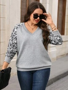 EMERY ROSE Plus Size Leopard Print Patchwork Raglan Sleeve Sweatshirt Fall - Grey - View 7