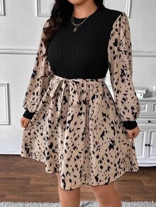 SHEIN Frenchy Plus Size Casual Ribbed Mixed Textured Printed Round Neck Cinched Waist A-Line Dress Fall - Multicolor - View 7