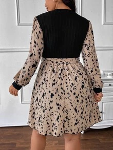 SHEIN Frenchy Plus Size Casual Ribbed Mixed Textured Printed Round Neck Cinched Waist A-Line Dress Fall - Multicolor - View 2