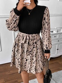 SHEIN Frenchy Plus Size Casual Ribbed Mixed Textured Printed Round Neck Cinched Waist A-Line Dress Fall - Multicolor - View 6