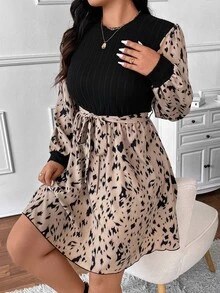 SHEIN Frenchy Plus Size Casual Ribbed Mixed Textured Printed Round Neck Cinched Waist A-Line Dress Fall - Multicolor - View 3