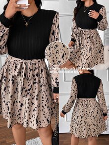 SHEIN Frenchy Plus Size Casual Ribbed Mixed Textured Printed Round Neck Cinched Waist A-Line Dress Fall - Multicolor - View 1