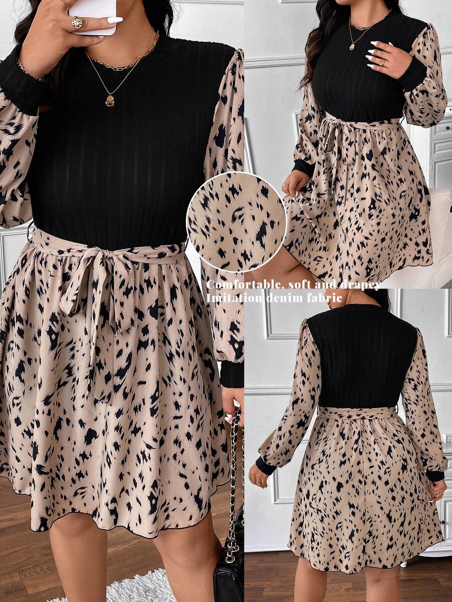 SHEIN Frenchy Plus Size Casual Ribbed Mixed Textured Printed Round Neck Cinched Waist A-Line Dress Fall - Multicolor - View 1