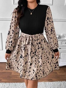 SHEIN Frenchy Plus Size Casual Ribbed Mixed Textured Printed Round Neck Cinched Waist A-Line Dress Fall - Multicolor - View 4