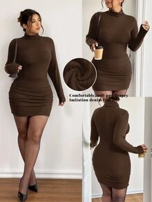 Lounesse Gaun Rajut Lengan Panjang Bodycon Bertekstur Leher Tinggi Warna Cokelat untuk Wanita Ukuran Plus, Gaun Kasual Elegan untuk Sehari-hari di Musim Gugur, Gaun Komuter Bergaris Warna Cokelat Kopi Serbaguna - Coklat - View 1