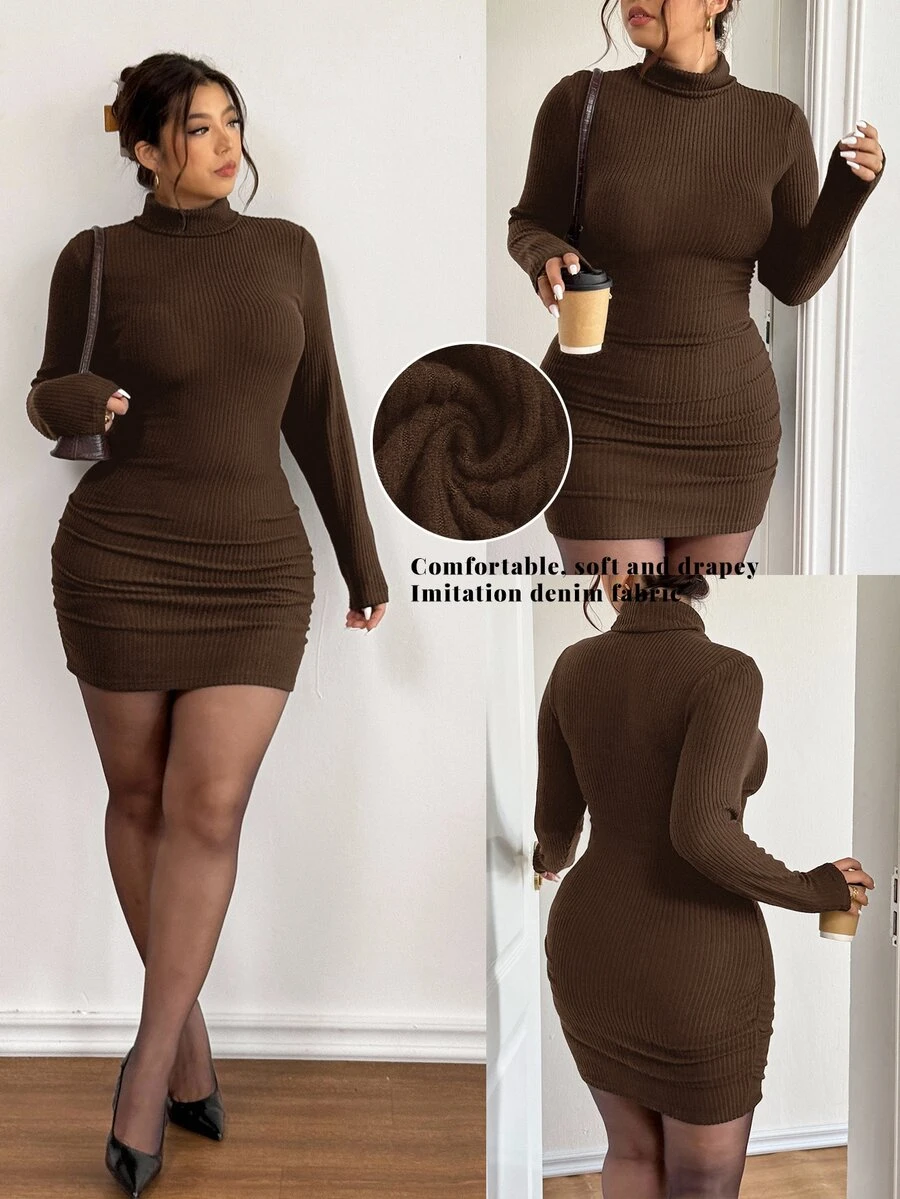 Lounesse Gaun Rajut Lengan Panjang Bodycon Bertekstur Leher Tinggi Warna Cokelat untuk Wanita Ukuran Plus, Gaun Kasual Elegan untuk Sehari-hari di Musim Gugur, Gaun Komuter Bergaris Warna Cokelat Kopi Serbaguna - Coklat - View 1