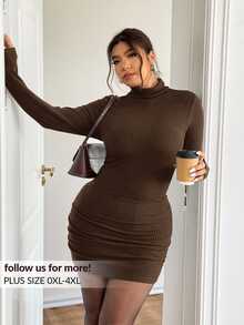 Lounesse Gaun Rajut Lengan Panjang Bodycon Bertekstur Leher Tinggi Warna Cokelat untuk Wanita Ukuran Plus, Gaun Kasual Elegan untuk Sehari-hari di Musim Gugur, Gaun Komuter Bergaris Warna Cokelat Kopi Serbaguna - Coklat - View 9