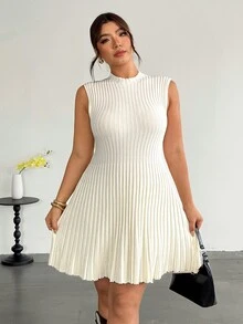 Firerie Women's Plus Size Solid Color Sleeveless Knit Dress Autumn Dates Formal White Elegant Normal Fall - White - View 4