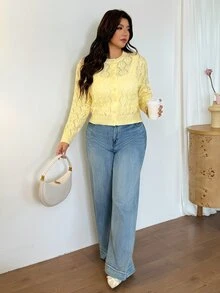 Firerie Plus Size Women's Hollow Design Knit Cardigan Sweater, Versatile Round Neck Jacket Autumn Dates Formal Butter Yellow Elegant Winter - Yellow - View 5