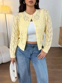 Firerie Plus Size Women's Hollow Design Knit Cardigan Sweater, Versatile Round Neck Jacket Autumn Dates Formal Butter Yellow Elegant Winter - Yellow - View 4