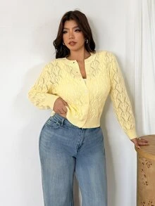 Firerie Plus Size Women's Hollow Design Knit Cardigan Sweater, Versatile Round Neck Jacket Autumn Dates Formal Butter Yellow Elegant Winter - Yellow - View 6