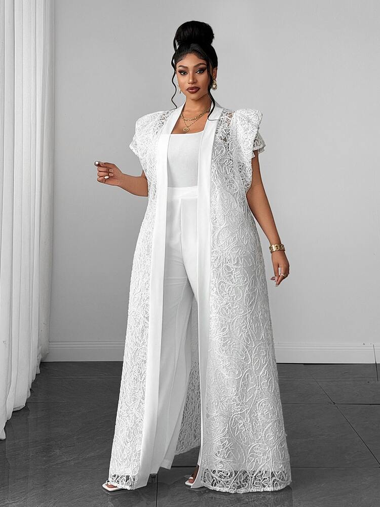 Maweii Plus Size Women's Elegant Party Water-Soluble Lace Jacket White Small Flutter Sleeve Set Pants Two Pieces Set - White - View 5