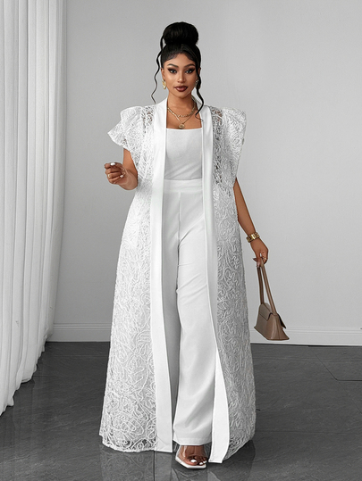 Maweii Plus Size Women's Elegant Party Water-Soluble Lace Jacket White Small Flutter Sleeve Set Pants Two Pieces Set