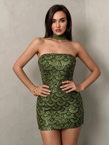 SHEIN Glamour 女款亮片優雅迷人收腰抹胸派對洋裝 - 墨綠色 - 查看 3