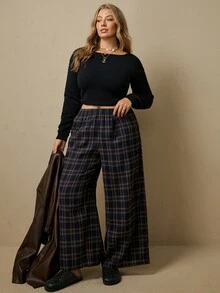 Freevana Women's Plus-Size Navy Blue Plaid Straight-Leg Pants, Textured Fabric, Elastic Waistband, Casual Wear And Outings, Autumn And Winter Women's Clothing. - Brown - View 5