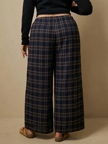Freevana Women's Plus-Size Navy Blue Plaid Straight-Leg Pants, Textured Fabric, Elastic Waistband, Casual Wear And Outings, Autumn And Winter Women's Clothing. - Brown - View 2