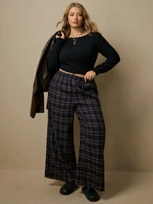 Freevana Women's Plus-Size Navy Blue Plaid Straight-Leg Pants, Textured Fabric, Elastic Waistband, Casual Wear And Outings, Autumn And Winter Women's Clothing. - Brown - View 6