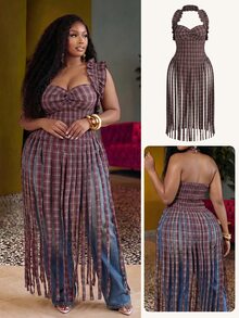 Slaydiva Blouse maxi à volants sans manches avec col ras-du-cou à franges, top en tissu à carreaux rouges décontracté grande taille pour femmes, convient pour les vacances, les festivals de musique, la plage, le port quotidien, le carnaval, sexy, le bronzage, le style de rue, mignon, les loisirs, le style universitaire - Multicolore - Voir 2