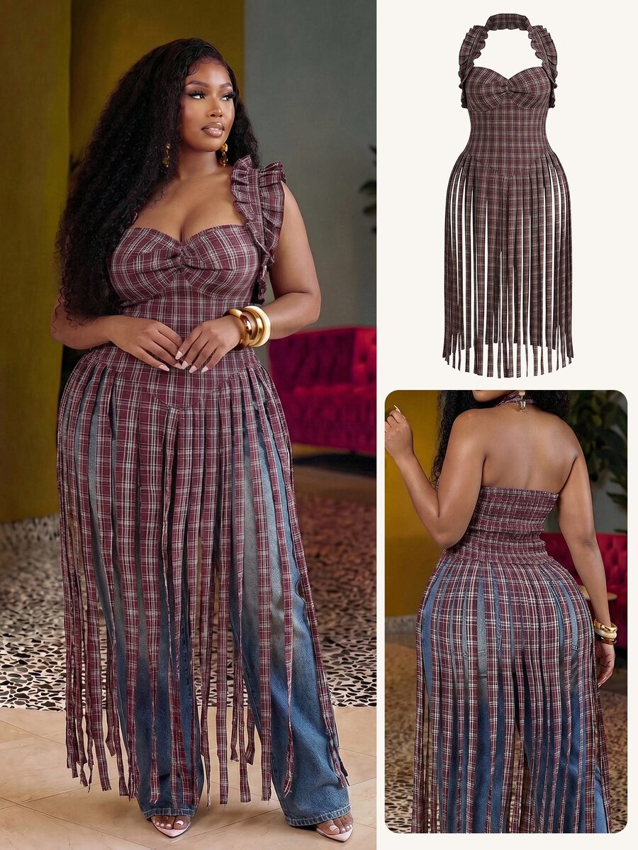 Slaydiva Blouse maxi à volants sans manches avec col ras-du-cou à franges, top en tissu à carreaux rouges décontracté grande taille pour femmes, convient pour les vacances, les festivals de musique, la plage, le port quotidien, le carnaval, sexy, le bronzage, le style de rue, mignon, les loisirs, le style universitaire