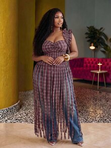 Slaydiva Blouse maxi à volants sans manches avec col ras-du-cou à franges, top en tissu à carreaux rouges décontracté grande taille pour femmes, convient pour les vacances, les festivals de musique, la plage, le port quotidien, le carnaval, sexy, le bronzage, le style de rue, mignon, les loisirs, le style universitaire - Multicolore - Voir 11