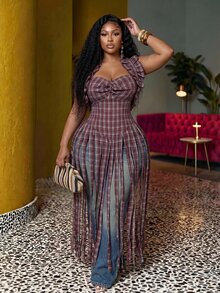 Slaydiva Blouse maxi à volants sans manches avec col ras-du-cou à franges, top en tissu à carreaux rouges décontracté grande taille pour femmes, convient pour les vacances, les festivals de musique, la plage, le port quotidien, le carnaval, sexy, le bronzage, le style de rue, mignon, les loisirs, le style universitaire - Multicolore - Voir 4