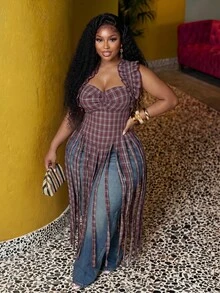 Slaydiva Blouse maxi à volants sans manches avec col ras-du-cou à franges, top en tissu à carreaux rouges décontracté grande taille pour femmes, convient pour les vacances, les festivals de musique, la plage, le port quotidien, le carnaval, sexy, le bronzage, le style de rue, mignon, les loisirs, le style universitaire - Multicolore - Voir 5