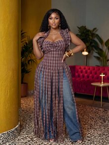 Slaydiva Blouse maxi à volants sans manches avec col ras-du-cou à franges, top en tissu à carreaux rouges décontracté grande taille pour femmes, convient pour les vacances, les festivals de musique, la plage, le port quotidien, le carnaval, sexy, le bronzage, le style de rue, mignon, les loisirs, le style universitaire - Multicolore - Voir 6