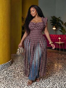 Slaydiva Blouse maxi à volants sans manches avec col ras-du-cou à franges, top en tissu à carreaux rouges décontracté grande taille pour femmes, convient pour les vacances, les festivals de musique, la plage, le port quotidien, le carnaval, sexy, le bronzage, le style de rue, mignon, les loisirs, le style universitaire - Multicolore - Voir 8
