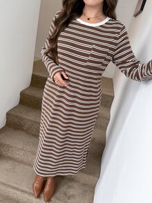 SHEIN LUNE Plus Size Women's Striped Colorblock Casual Traditional Eleganza Everyday Autumn Dress Vacation Office - Brown - View 4