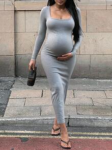 SHEIN 孕婦純色方領長袖修身休閒洋裝 秋季 - 淺灰色 - 查看 4
