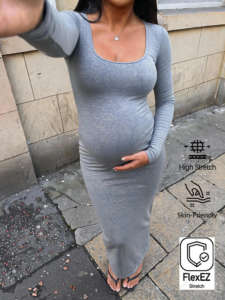 SHEIN 孕婦純色方領長袖修身休閒洋裝 秋季 - 淺灰色 - 查看 1
