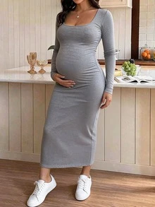 SHEIN 孕婦純色方領長袖修身休閒洋裝 秋季 - 淺灰色 - 查看 3